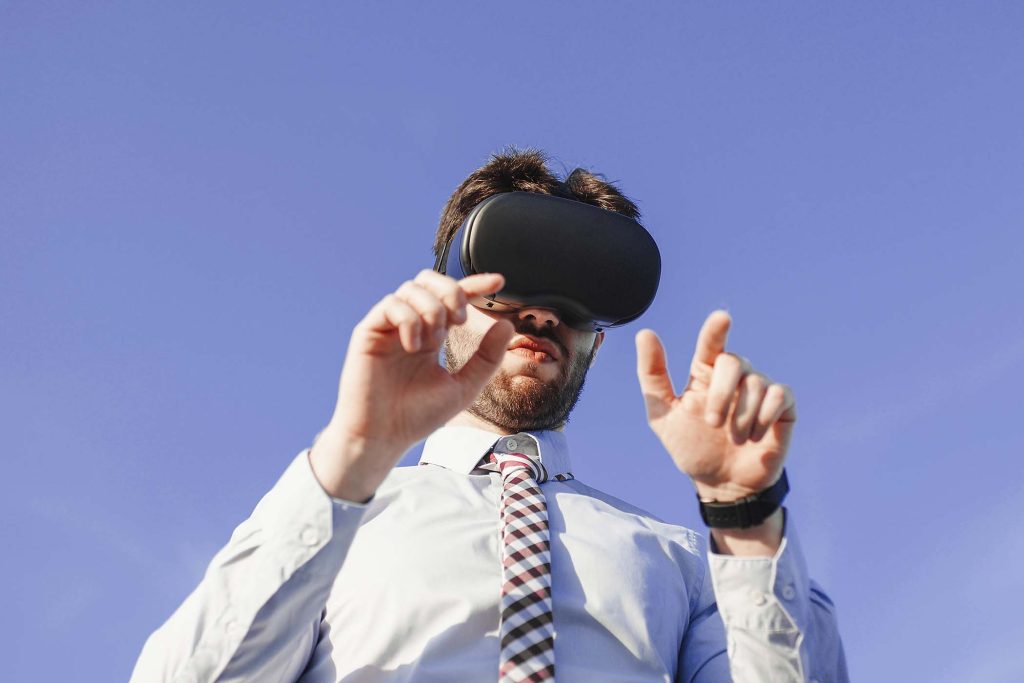 Close up of a man with augmented reality viewer in shirt and tie dress